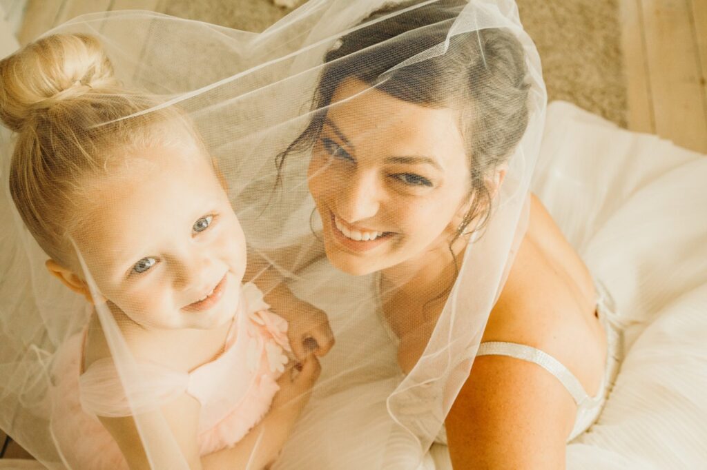 Bride and Flower girl at Starry Night Barn and Studios Wedding